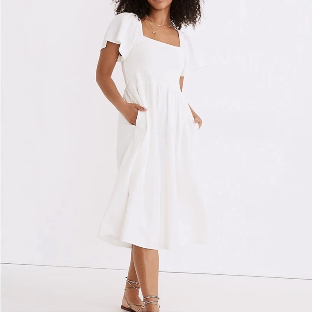 Madewell Smocked Linen White Midi Dress
